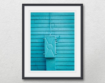 Turquoise wall with old electric box, Wooden board wall, Fine art photography prints, Minimalist printable wall art,Rustic poster,Urban city