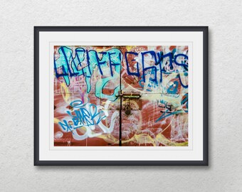 Urban graffiti on a metal door, Colored street photography digital download, Printable abstract home wall decor, Print fine art poster