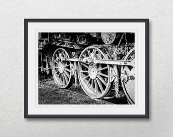 Black and white old steam train wheels photography, Vintage locomotive wheels, Industrial inspired, Fine art print, Printable wall ar