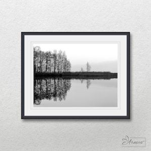 Black and white landscape prints, Trees reflection on water, Printable wall art, Nature art, Home wall decor, Lake photo, Calm water, Poster