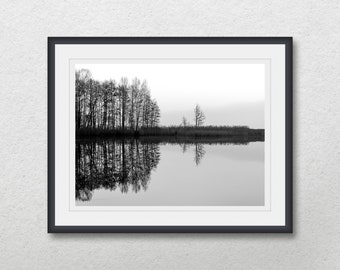 Black and white landscape prints, Trees reflection on water, Printable wall art, Nature art, Home wall decor, Lake photo, Calm water, Poster