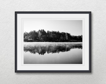 Forest reflection on water, Black and white summer morning with mist, Instant digital download, Nature printable wall art, Poster print