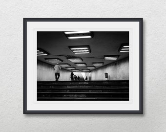 Budapest pedestrian tunnel black and white photo digital download, Street photography printable home wall decor, Print urban city scene