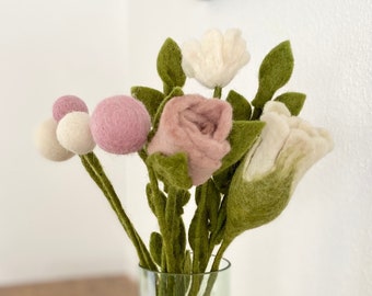 9 Filzblumen Strauß - Blumen-Mix rosa weiß mit Rose, Tulpe, Anemone aus Filz - Blumenstrauß - Fair Trade - handgemacht