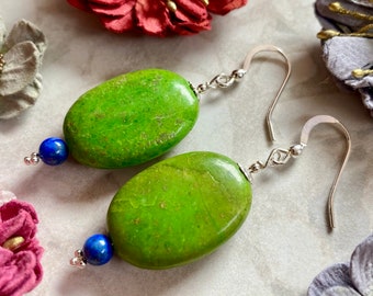 Bright Green & Blue dangle earrings earthy colour pop with sterling silver