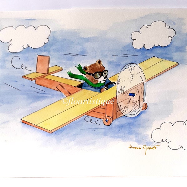 Aquarelle originale, décorative pour chambre enfant- ourson aviateur