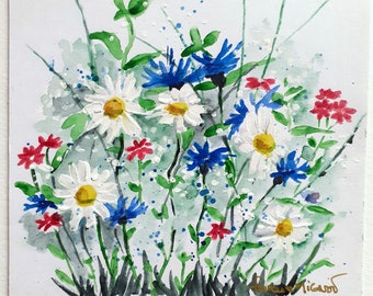 Watercolor daisies and cornflowers