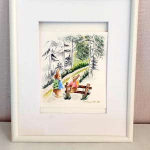Original Aquarell-Illustration von wandernden Kaninchen