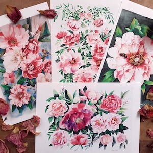 Lot de 4 cartes simples aquarelle roses et pivoines
