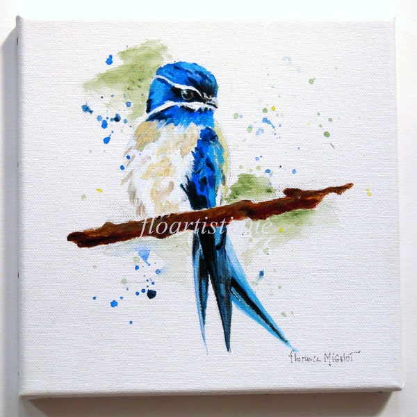 Tableau acrylique oiseau bleu sur châssis toile