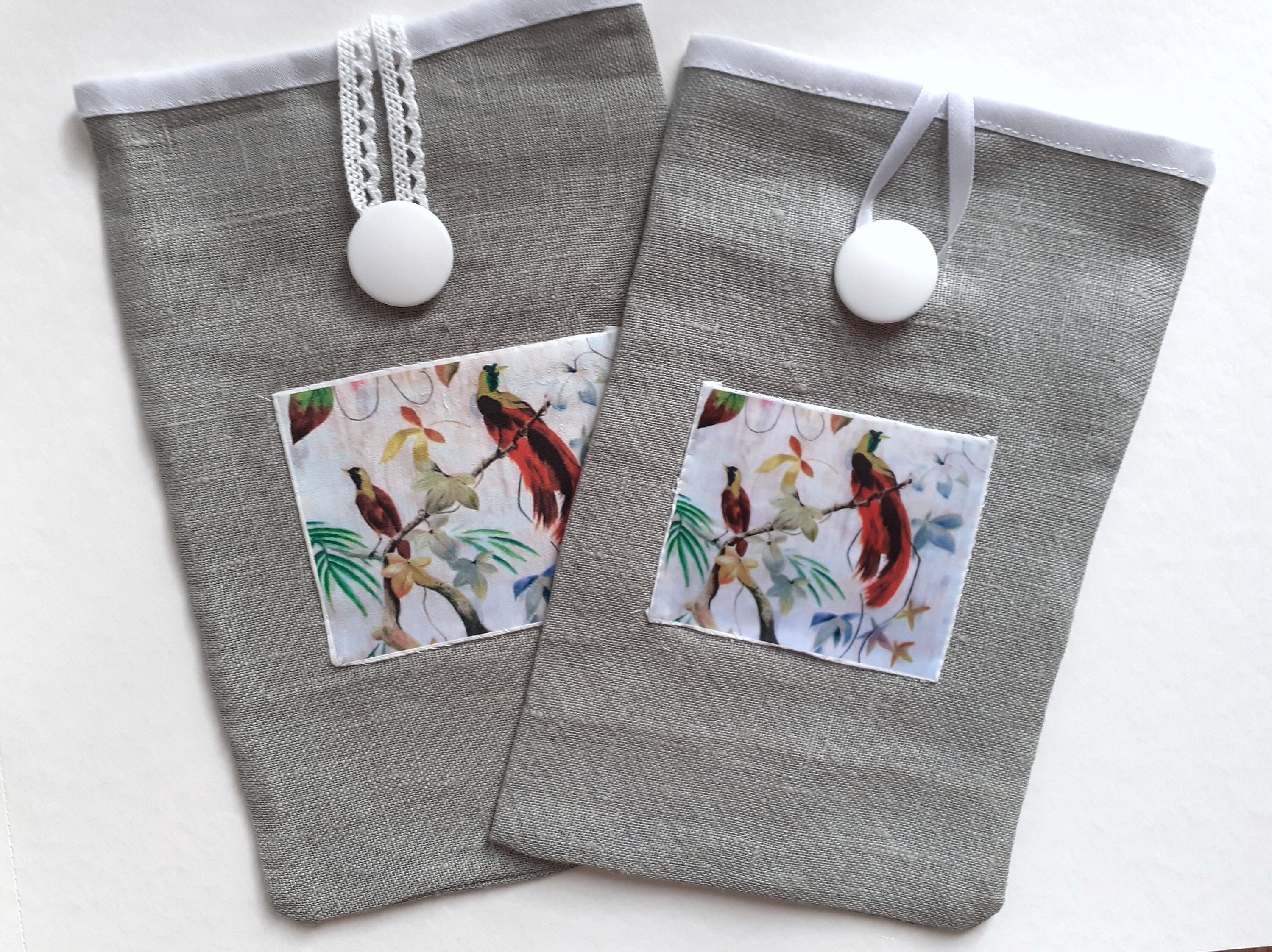 Pochons Lin Gris - Motif Oiseaux Paradis