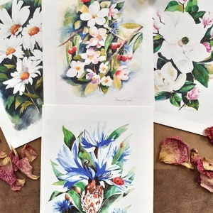Lot 4 cartes simples aquarelle fleurs blanches et bleuets