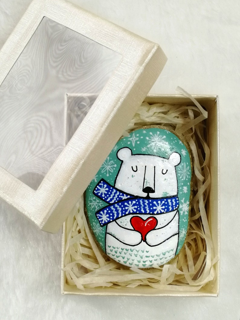 Polar bear with a red heart Gift for her animal painted Etsy