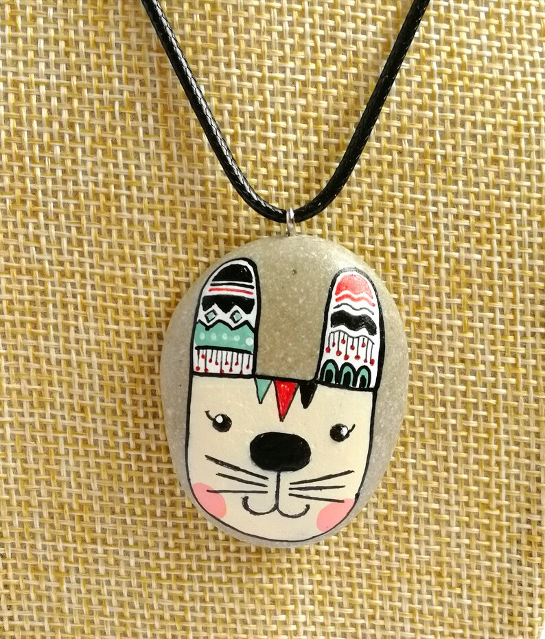 Bunny necklace pendant Hand painted rocks Rabbit stone art Etsy