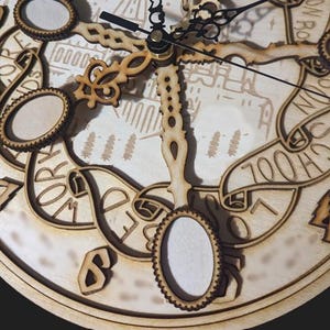 May include: A wooden clock with a light brown finish. The clock face features cut-out designs, including numbers, words, and decorative frames. The clock hands are black. The clock has a unique, layered design.
