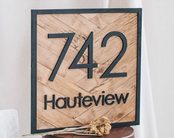 Benutzerdefiniertes Hausnummernschild aus Holz mit schwarzer Rahmung und Straßenname, benutzerdefinierte Schilder auf Anfrage, Hausnummernplakette