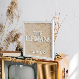 May include: A white framed sign with a woodgrain background and the text "THE LEHMANS EST. 7.16.2022" in white letters. The sign is sitting on top of a vintage television set with a wooden cabinet and a brown leather seat.