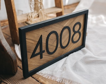 Herringbone wooden horizontal address sign, house number sign with black framing and street name, custom house street signs on demand