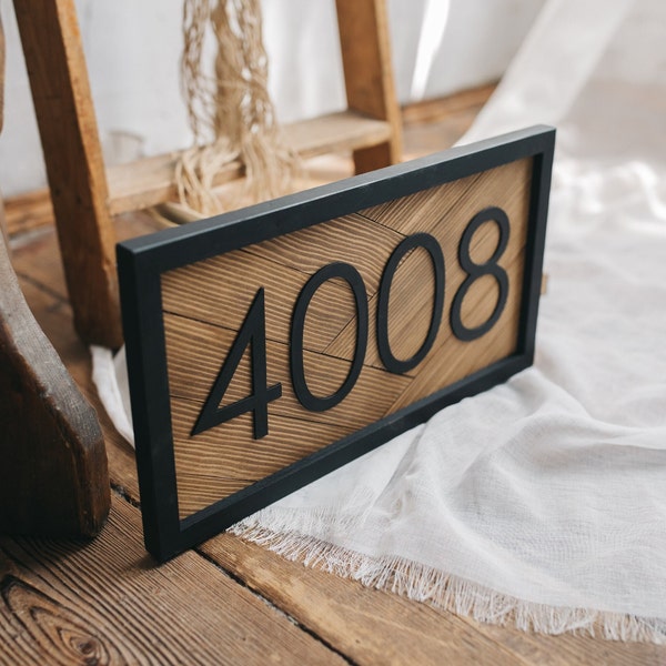 Herringbone wooden horizontal address sign, house number sign with black framing and street name, custom house street signs on demand
