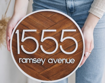 Placa de número de casa de madeira redonda: placa de endereço 3D