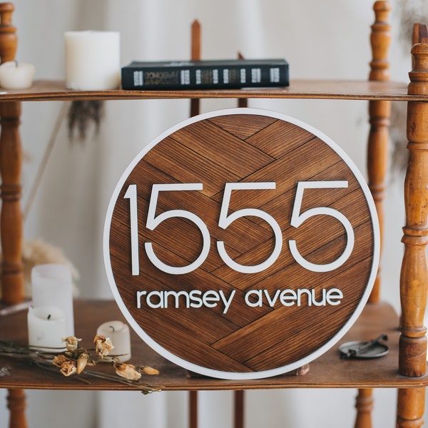 Brown round house number sign , farmhouse gift, House number plaque, address sign,