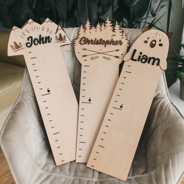 Personalized growth chart wooden growth chart for kids, woodland nursery decor forest, fox, mountains