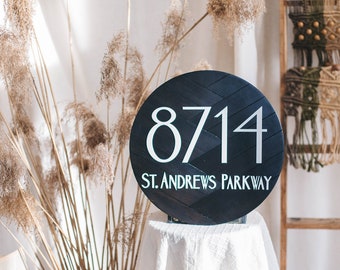 Round black Street Name Signs, Wooden Address Plaque, Modern House Numbers