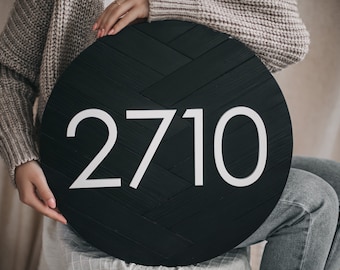 Round black House Number Signs, Wooden Address Plaque, Modern House Numbers