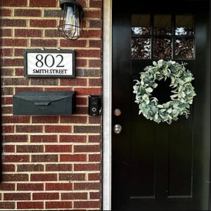 Wooden address sign horizontal white house number sign with black framing and street name, custom house street signs on demand