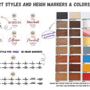 Puede incluir: Gr&aacute;fico que muestra diferentes estilos y colores para letreros de nombres de familia personalizados. Los letreros presentan texto en 3D, grabado y varios acabados de madera. El gr&aacute;fico incluye opciones para marcadores de altura, con medidas en a&ntilde;os. El texto en el gr&aacute;fico incluye "Texto 3D marcado en rojo", "Grabado marcado en marr&oacute;n", "Elija un estilo para marcadores de altura 3D GRATIS", "La familia Robison", "La familia Marshall", "La familia Holmes", "La familia Collinson", "La familia Marshall", "Negro", "Natural", "Blanco", "Plata", "Cobre", "Oro", "Gris", "Azul", "Amarillo", "Rojo", "Los tonos pueden diferir de las im&aacute;genes debido a las caracter&iacute;sticas naturales de la madera y dependiendo de las especificaciones de su monitor."