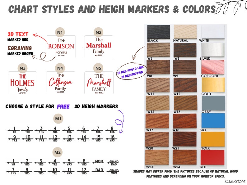 Puede incluir: Gr&aacute;fico que muestra diferentes estilos y colores para letreros de nombres de familia personalizados. Los letreros presentan texto en 3D, grabado y varios acabados de madera. El gr&aacute;fico incluye opciones para marcadores de altura, con medidas en a&ntilde;os. El texto en el gr&aacute;fico incluye "Texto 3D marcado en rojo", "Grabado marcado en marr&oacute;n", "Elija un estilo para marcadores de altura 3D GRATIS", "La familia Robison", "La familia Marshall", "La familia Holmes", "La familia Collinson", "La familia Marshall", "Negro", "Natural", "Blanco", "Plata", "Cobre", "Oro", "Gris", "Azul", "Amarillo", "Rojo", "Los tonos pueden diferir de las im&aacute;genes debido a las caracter&iacute;sticas naturales de la madera y dependiendo de las especificaciones de su monitor."