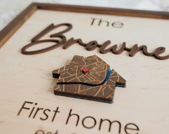 Letrero personalizado con el mapa de tu primera vivienda, madera 3D, regalo de inauguración