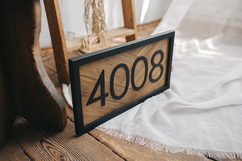 Custom wooden house number sign street address sign with black framing and street name, custom signs on demand, house number plaque image 3