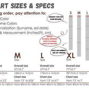 Puede incluir: Gr&aacute;fico que muestra los diferentes tama&ntilde;os de calcoman&iacute;as para paredes. El gr&aacute;fico incluye el tama&ntilde;o total en pulgadas y pies, el tama&ntilde;o del gr&aacute;fico en pulgadas y cent&iacute;metros, y las medidas correspondientes en cent&iacute;metros. El gr&aacute;fico tambi&eacute;n incluye el texto "Durante el pedido, preste atenci&oacute;n a:" y una lista de vi&ntilde;etas: Color base, Colores del apellido, Personalizaci&oacute;n (Apellido, fecha estimada), Estilo y medida (pulgadas (pies), cm).