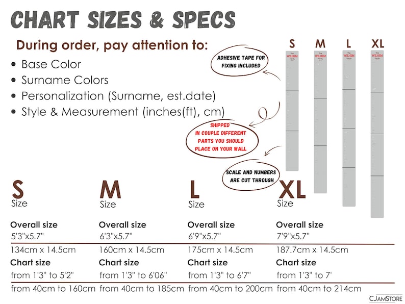 Puede incluir: Gr&aacute;fico que muestra los diferentes tama&ntilde;os de calcoman&iacute;as para paredes. El gr&aacute;fico incluye el tama&ntilde;o total en pulgadas y pies, el tama&ntilde;o del gr&aacute;fico en pulgadas y cent&iacute;metros, y las medidas correspondientes en cent&iacute;metros. El gr&aacute;fico tambi&eacute;n incluye el texto "Durante el pedido, preste atenci&oacute;n a:" y una lista de vi&ntilde;etas: Color base, Colores del apellido, Personalizaci&oacute;n (Apellido, fecha estimada), Estilo y medida (pulgadas (pies), cm).