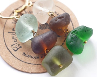Colorful Sea Glass Dangle Earrings: Genuine Brass Jewelry