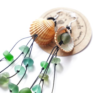 Macrame Shell Earrings: Green Sea Glass Dangle Jewelry
