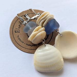 Seashell Earrings | Wedding Earrings | Earthy Earrings | Blue Sea Glass Earrings | Shell Earrings | Stainless Steel Earrings