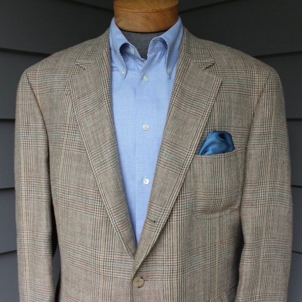 BiG MaN newer MTM 2000's -Samuelsohn- Men's sport coat. 3/2 roll - Sack - Patch pockets. Silk & Linen blend Glen plaid. Size 47 Long. Canada