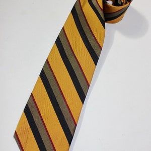 May include: A yellow striped tie with black, red, and brown stripes. The tie is made of a silky material and has a pointed tip.