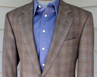 vintage c. 2006 -Coppley- Men's flannel sport coat. Brown Glen plaid w/ Blue windowpane - Wool - Zegna cloth. Size 42 Long. Made in Canada