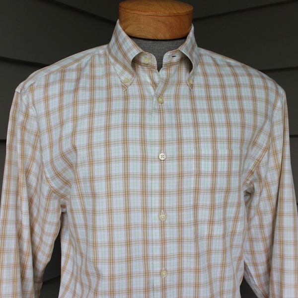 newer vintage -Peter Millar- Men's long sleeve, button down collar shirt.  Spring color plaid - Fine cotton poplin - MOP buttons. Medium