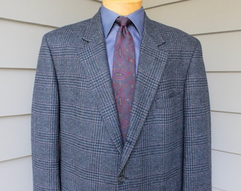 BiG MaN vintage 1990's -unknown maker- Men's tweed sport coat. Blue Glen plaid w/ windowpane - Wool. 3 / 2 - Sack. Size 46 Long. Made in USA