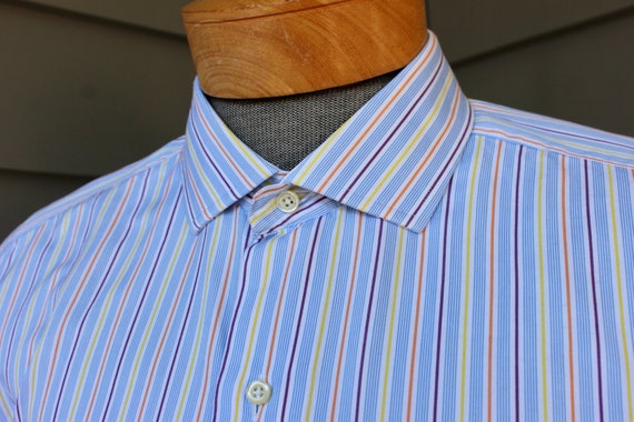 Brooks Brothers, vintage 1990's -Brooks Brothers- Men's long sleeve dress shirt. Cutaway collar. Multi-color dress stripe. Cotton. XL - 17 x 33. Made in USA