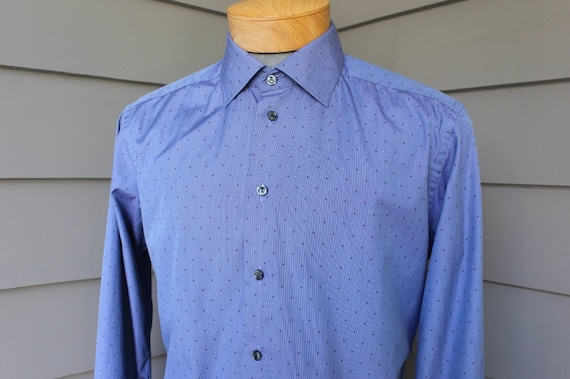 newer vintage -Eton- Men's long sleeve dress shirt. Blue w/ Brown dots - Cotton. Bold spread collar - Link cuffs - Slim fit. Large - 16 / 41