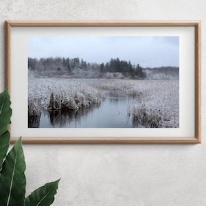 Peut inclure: Une photographie encadrée d'un paysage enneigé avec un lac gelé et des arbres en arrière-plan.