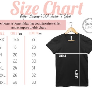 May include: Size chart for a unisex t-shirt, showing chest and length measurements in inches for sizes XS to 3XL. The chart is labeled "Belfa + Canvas 3001 Unisex T-Shirt".