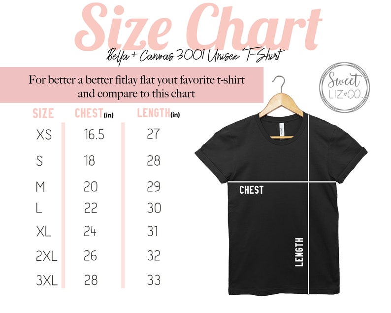 May include: Size chart for a unisex t-shirt, showing chest and length measurements in inches for sizes XS to 3XL. The chart is labeled "Belfa + Canvas 3001 Unisex T-Shirt".