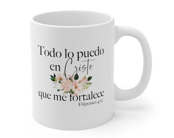 Todo lo puedo en Cristo Mug, Spaans christelijk geschenk, Bijbelcitaat mok, religieus Spaans vrouwencadeau