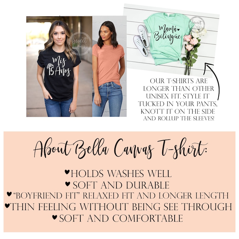 May include: Two women wearing Bella Canvas t-shirts. The t-shirts are longer than other unisex t-shirts. The text on the shirts reads "Mis 15 Anos" and "Mam&aacute; Biling&uuml;e".